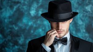 Seorang Pria Dengan Tuksedo Hitam Dan Topi Tangan Di Wajahnya Berpose  Dengan Latar Belakang Gelap, Pria, Hitam, Tuksedo Latar Belakang untuk  Unduhan Gratis