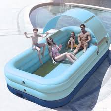 Erommyinflatable Swimming Pool With Sunshade Canopy Family Pool With One Button Automatic Inflation Suitable For Backyard Patio Beach 210cm 260cm Blue 260 X In 2020 Swimming Pools Pool Backyard Patio
