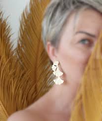 Ginkgo Earrings Gold Plated Floral Dangle Turkish Hand Made Jewelry KP296