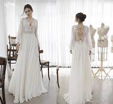 2018 Bohemian Wedding Dress Backless Chiffon Long Sleeve Hollow Design V Neck Flowy Skirt Beac Wedding Dresses Flowy Sleeves Grecian Wedding Dress Bridal Gowns