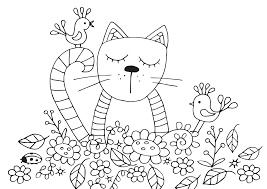 Coloriage chat et fleurs à imprimer