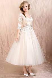 Vintage Tea Length Wedding Dresses With Three Quarter Sleeve Mid Calf Whit Tea Length Wedding Dress Vintage Tea Length Wedding Dresses Lace Short Wedding Dress