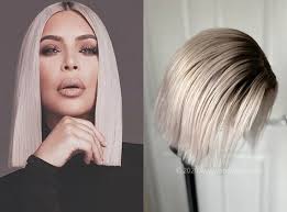 Blonde with dark roots bob. Kim Kardashian Inspired Icy Platinum Ash Blonde Dark Root Ombre Textured Bob Lace Front Human Hair