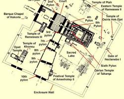 Image of one of the courts within the Precinct of AmunRe, showing the surrounding colonnades and obelisks.