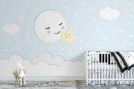 Wallpaper Photo Wallpaper Nursery Moon Star Baby Room Cloud Stars Smooth Fleece Wish Color Motif Wallpaper In 2021 Kids Room Wall Decals Baby Room Decor Baby Wall Decor