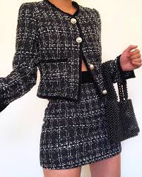 Black And White Plaid Skirt And Jacket Set Tweed Jacket Mini Skirt Set Fashion Chic Fall Outfits Fashion Outfits