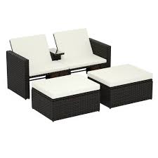 Casainc Brown 3 Piece Wicker Outdoor Loveseat With Cushionguard Beige Foam Cushions And 2 Ottomans Wfop3424 The Home Depot