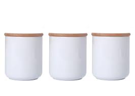 White ceramic canister with wooden lid a pair of charming canisters that will be a functional and decorative accent of your kitchen countertop. White Ceramic Jars With Lid Ceramic Kitchen Canisters Food Storage Containers With Airtight Wood Lids Salt Sugar Weed Tea Coffee Storage Jars 18 6 Floz Set Of 3 Buy Online In Bahamas At