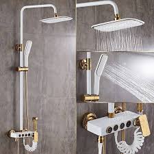 The path is fabricated so that the path to the shower head is more restrictive and water will nor. Luxury Shower Faucets Brass White Bath Shower Set Wall Mount Bathtub Faucet Set Rain Shower Head Handheld Round Tub Mixer Taps Lad 18088 Shower Faucets Brass White Bath Shower Set Wall Mount Bathtub Faucet