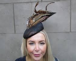 Black Brown Sinamay Pheasant Feather Fascinator Tilted Sloped Pillbox Hat  Races Wedding Guest Headpiece Ladies Day Cheltenham U11612