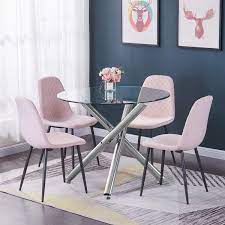 Glass black white high gloss dining table set and 6 leather chairs seats 2020. Boju Round Glass Kitchen Dining Table And Chairs Set Of 4 Pink Velvet Upholstered Occasional Chairs And Clear Tempered Glass Table Conversational Table And Chairs Set For Office Reception Amazon Co Uk Kitchen