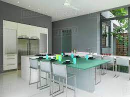 A round glass dining room table with a rich, dark finish. Frosted Glass Dining Table In Modern Dining Room Stock Photo Dissolve