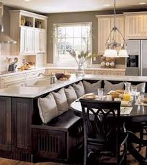 I Just Got A Brilliant Idea For The Island In Our Kitchen Turn It Into Banquet Seating Like This A Bench Across Th Home Remodeling Sweet Home Home Kitchens