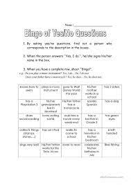Bingo Of Yes No Questions Yes Or No Questions Bingo Yes