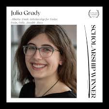🎻 Bravo to Julia Grady! 🌟🎶 Please join us in congratulating Julia Grady,  recipient of the Alberta Denk Scholarship for Violin, Viola, Cello, and  Double Bass from the Mu Phi Epsilon Foundation!