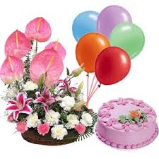Our online balloon shop has buy online and send birthday flowers to usa from our great collection of birthday gifts. Exotic Arrangement Of Lilies Carnations And Anthuriums With 1 Pound Fresh Cream Strawberry Cake And 5 Pcs Full Blown Balloons