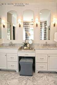 A center tower was requested over the makeup area with a mirror insert. 67 Ideas Bathroom Vanity With Makeup Area Farmhouse Bathroom Remodel Master Double Vanity Bathroom Master Bath Vanity