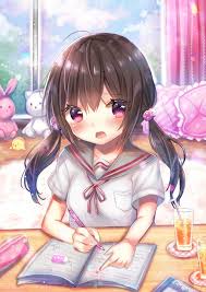 Brown haired girl anime character illustration hd wallpaper. Loli Anime Girl Brown Hair Twintails Studying Cute Cartoon Girl Studying 650x918 Wallpaper Teahub Io