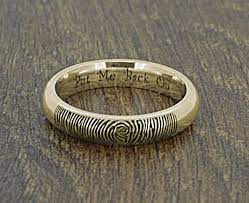 Gold Fingerprint Wedding Ring With Alice In Wonderland Style Engraved Message Saying Put Me Back On Be Fingerprint Ring Fingerprint Wedding Wedding Rings