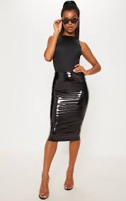 Black Vinyl Midi Skirt Girls Midi Skirt Fashion Midi Skirt