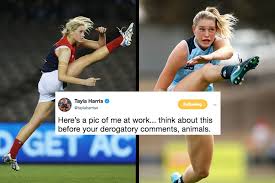 Afl women's star tayla harris shows off phenomenal kicking skills afl women's star tayla. People Are Mad After A Photo Of A Woman Footy Player Was Deleted Because Of Comments From Trolls