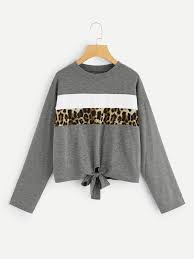 Gri Dugum Leopar Gundelik Arti Beden Uzun Kollu Bluz Tisort Turkish Sheinside Sweatshirts Leopard Sweatshirt Hem Knotted