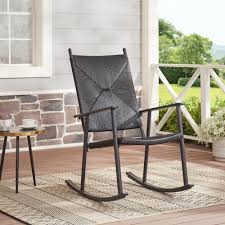 better homes gardens ventura rush weave outdoor rocking chair black walmart com in 2021 outdoor rocking chairs rocking chair porch chairs