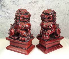 Vintage True Pair Chinese Red Black Rosewood Foo Dog Guardian Lion Statues In Foo Dog Lions Foo Dog Foo Dog Statue Guardian Lion