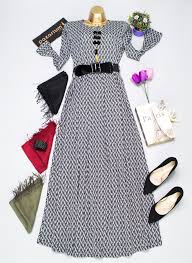 Zigzag Desenli Beli Kemerli Uzun Elbise Gri The Dress Uzun Elbise Elbise