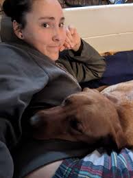 Poor miss Piper is in stage 1 labor. All she wants to do is be close to me,  as much as she can. Red babies will hopefully be arriving soon!!