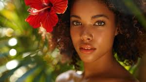 Un modelo con una flor roja en el cabello y una flor rojo