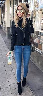 Winter Outfits Black Zip Up Jacket Blue Skinny Jeans And Brown Bobble Cap Fashion Winter Outfits Outfits