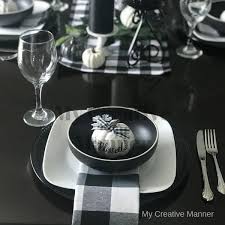 Black and white rug in the kitchen: Elegant Black And White Fall Tablescape My Creative Manner