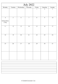 Editable Calendar July 2022