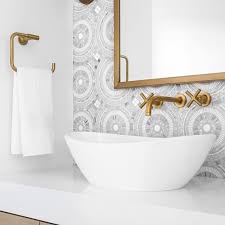 When The Tile Is A Busy Beautiful Calm It Down With A Clean Matching Set Of Brass The Perfect Amou Bathroom Interior Design Bathroom Interior Bright Bathroom