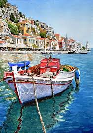 Pin By Sachin Ambekar On 爱琴海的阳光 艺术家pantelis D Zografos Rowboat Painting Watercolor Boat Boat Art