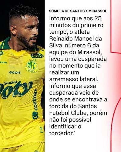CONFIRA A S&Uacute;MULA 👀 A &aacute;rbitra Edina Alves Batista relatou em s&uacute;mula uma cusparada contra o lateral Reinaldo, do Mirassol, durante o empate em 1 a 1 com o Santos, no &uacute;ltimo