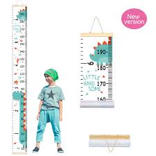 Pashop Kids Animal Dinosaur Growth Chart Baby Roll Up Wood Frame Canvas Fabric Removable Height Growth Chart Wall Art Hanging Ruler Wall Decor For