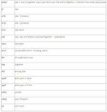 Knitting Abbreviation Chart And Legend Key