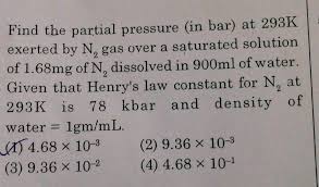 P total = p 1 + p 2. Find The Partial Pressure In Bar At 293k Exerted By N Gas Over A Saturated Solution