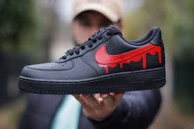 Black And Red Custom Air Forces Nike Air Force 1 Black Fire Drip By Sneakeaze Nike Air Shoes Custom Nike Shoes Nike Shoe Store