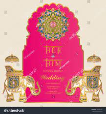 Indian Wedding Invitation Card Templates With Gold Elephant Pattern Indian Wedding Invitations Indian Wedding Invitation Cards Wedding Invitation Card Template