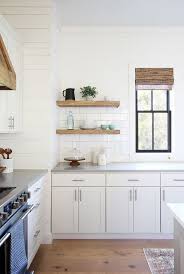 Modern Farmhouse Kitchen With Floating Kitchen Shelves Made Of Clear Pine Wood With A Combination Of R Diy Kitchen Shelves Open Kitchen Shelves Kitchen Shelves