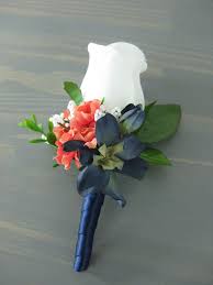 Coral Navy Blue Wrap Stem White Silk Rose Flower Boutonniere Etsy Wedding Flowers Navy Blue Navy Wedding Flowers Coral Wedding Flowers