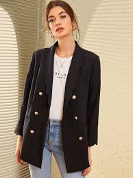 Black Blazer With Gold Buttons Shein Scallop Shawl Collar Gold Button Front Blazer In 2020 Navy Blazer Outfits Blazer Outfits Long Black Blazer
