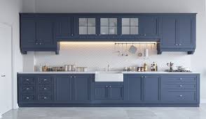 Herringbone Backsplash With White Tiles In A Kitchen With Creamy Dark Grey Cabinets White Sink With V In 2020 One Wall Kitchen Grey Blue Kitchen Gray And White Kitchen