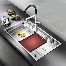Stainless steel kitchen sink workstation accessories4less. Buy Asras 8649l 3059 Sus304 Handmade Kitchen Sink With Drainer And Faucet One Click Table Control Drainage Stainless Steel Sinks In The Online Store Cozy House By Tercot Store At A Price Of 737 93