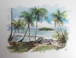 Aquarelles Dessin Ile Peinture Acrylique Palmier Dessin