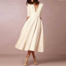 Classy Plunge Neckline Flowy Midi Work Dress Casual Wedding Dress Nontraditional Wedding Dress Tea Length Wedding Dress
