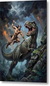 Savage Barbarian Battling Prehistoric Beast Metal Print